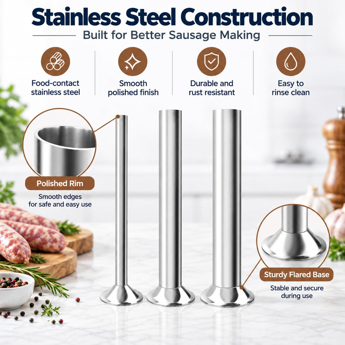 3-Size Stainless Steel Sausage Stuffing Tubes for LEM Stuffers