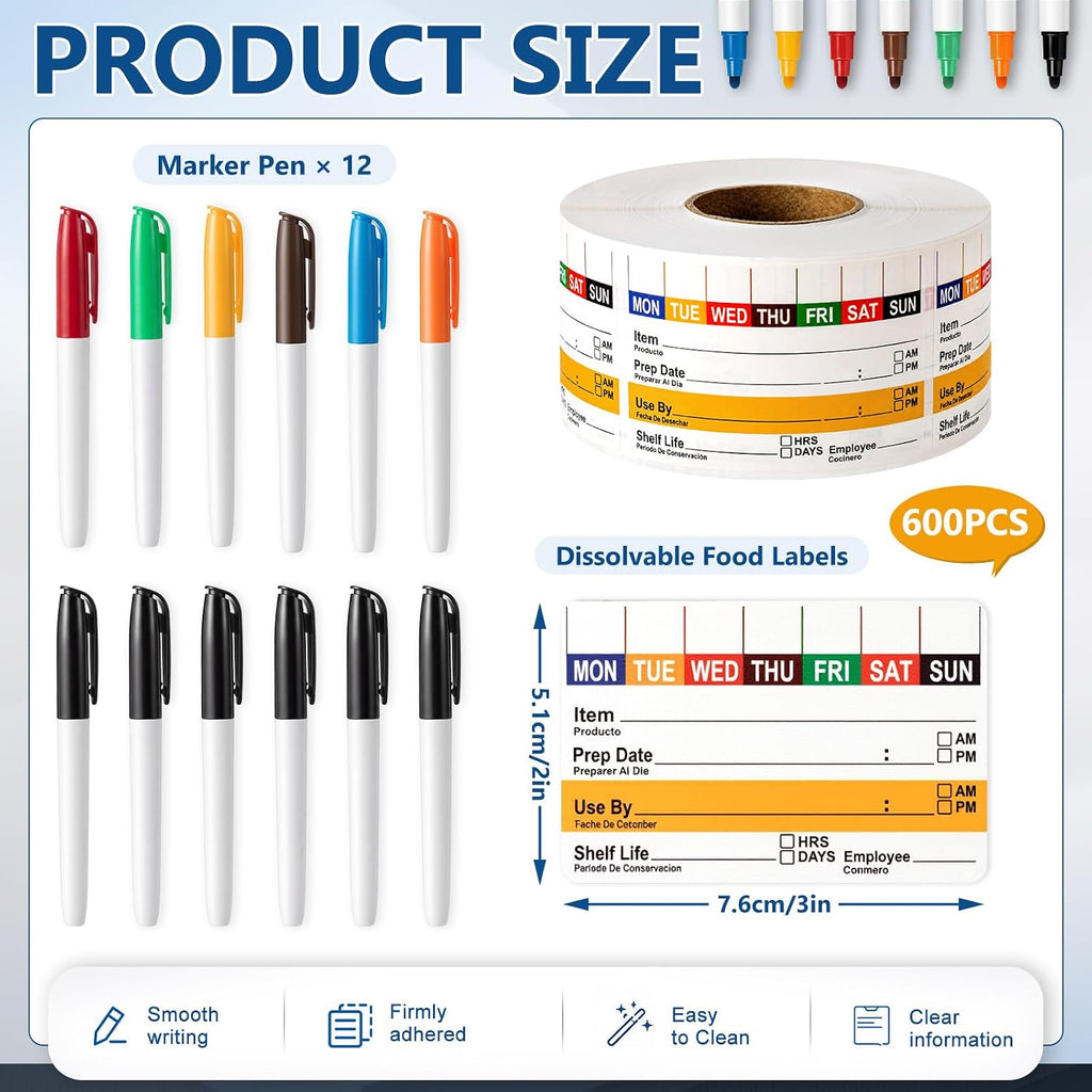 600 Pcs Dissolvable Food Label 2" x 3" with 12 Pcs 7-Color Marker