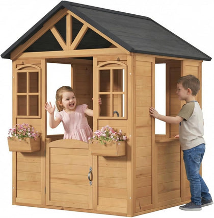 All Spruce Outdoor Kids Playhouse, Toddler Wooden Playhouse for Kids Ages 3-8, with Sink, Stove, Flower Pot Holders