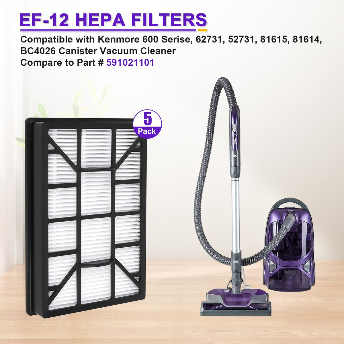 5 Pack EF-12 HEPA Filter Replacement for Kenmore 62731 52731 81615 81614