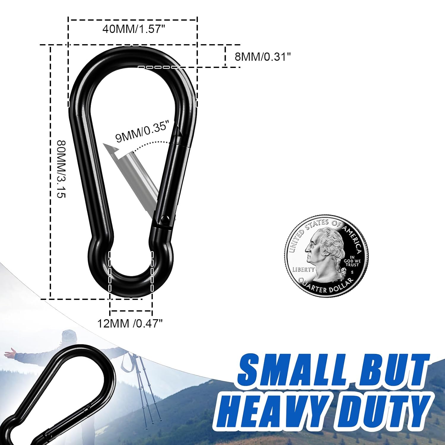 Carabiner Clip Hook, 3.15 inch 15 pcs Black Heavy Duty Spring Snap Hook Key Chain, Carabiners Clips for Outdoor