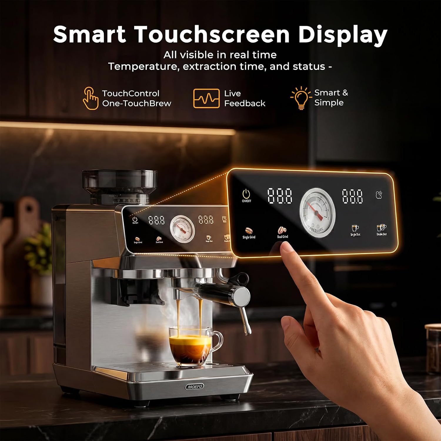 Espresso Machine with Grinder, 20-Bar Programmable Semi-Automatic Coffee Maker, Visual Pressure Gauge & Touchscreen
