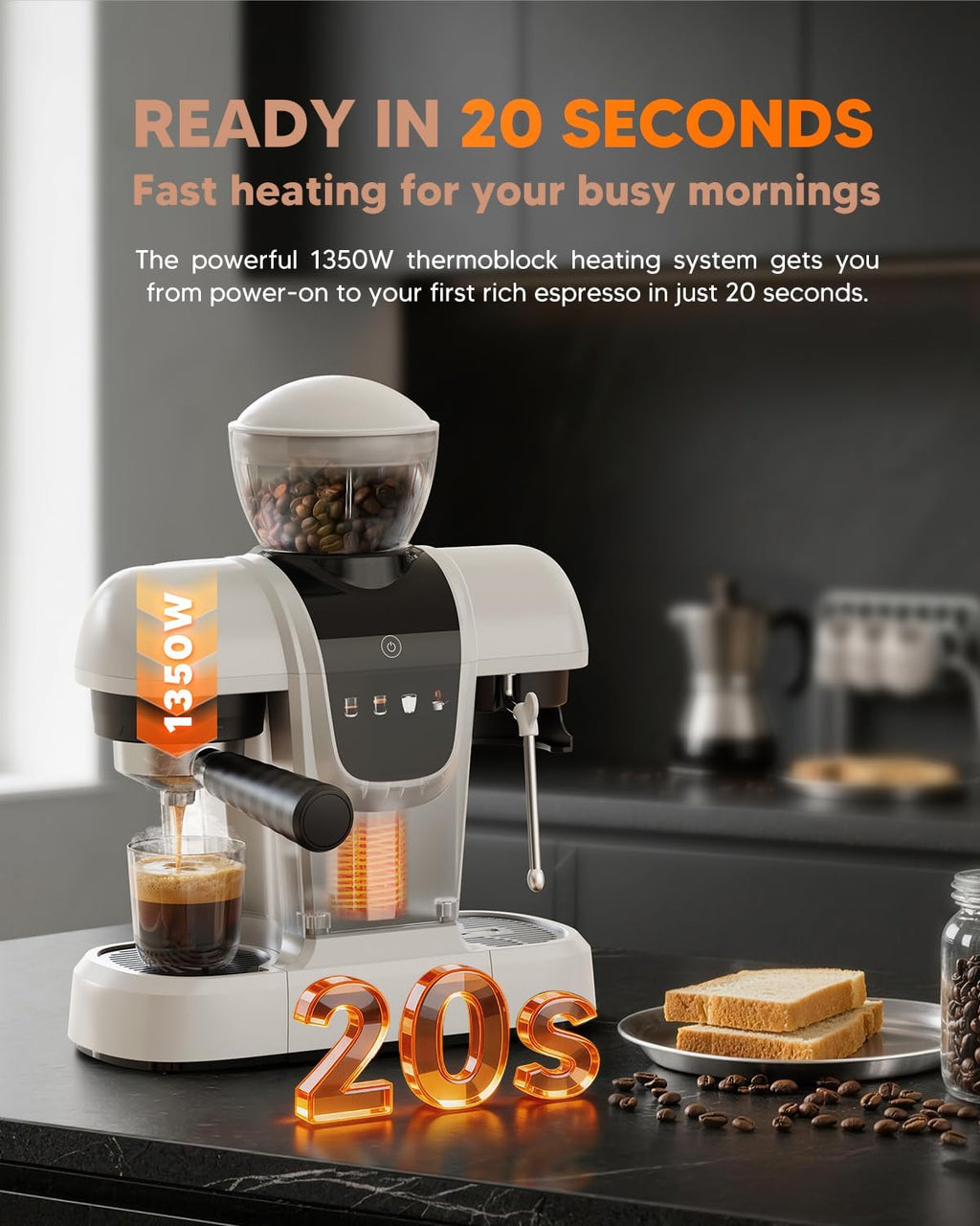 Semi-Automatic Espresso Machine with Grinder & Steam Wand,White | 20-Bar,11 grind settings,NTC&PID control,Compact