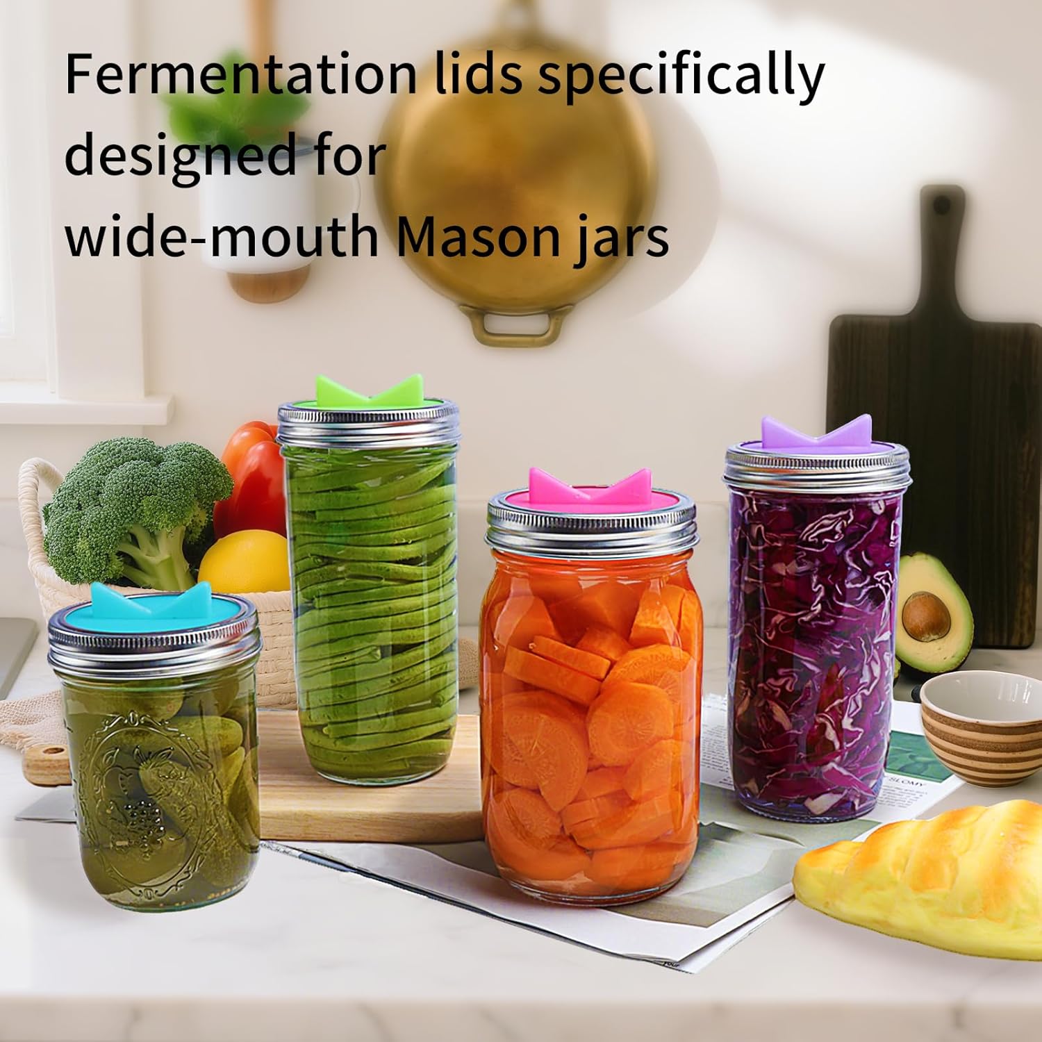 Mason Jar Fermentation Lids 4 Pack Silicone easy to clean Airlock Sauerkraut Fermenting lids for Wide Mouth Mason