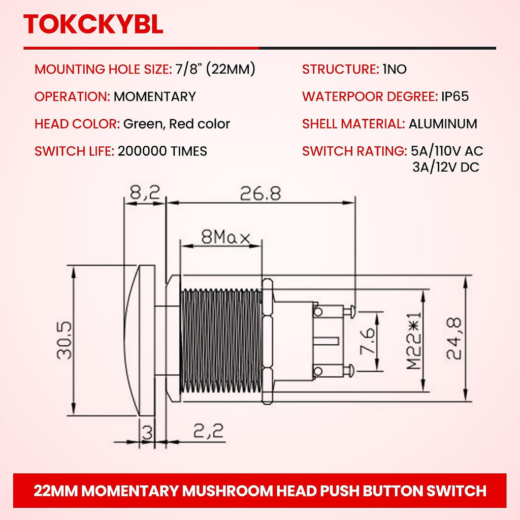 22mm Mushroom Head Momentary Push Button Switch, IP65 Waterproof
