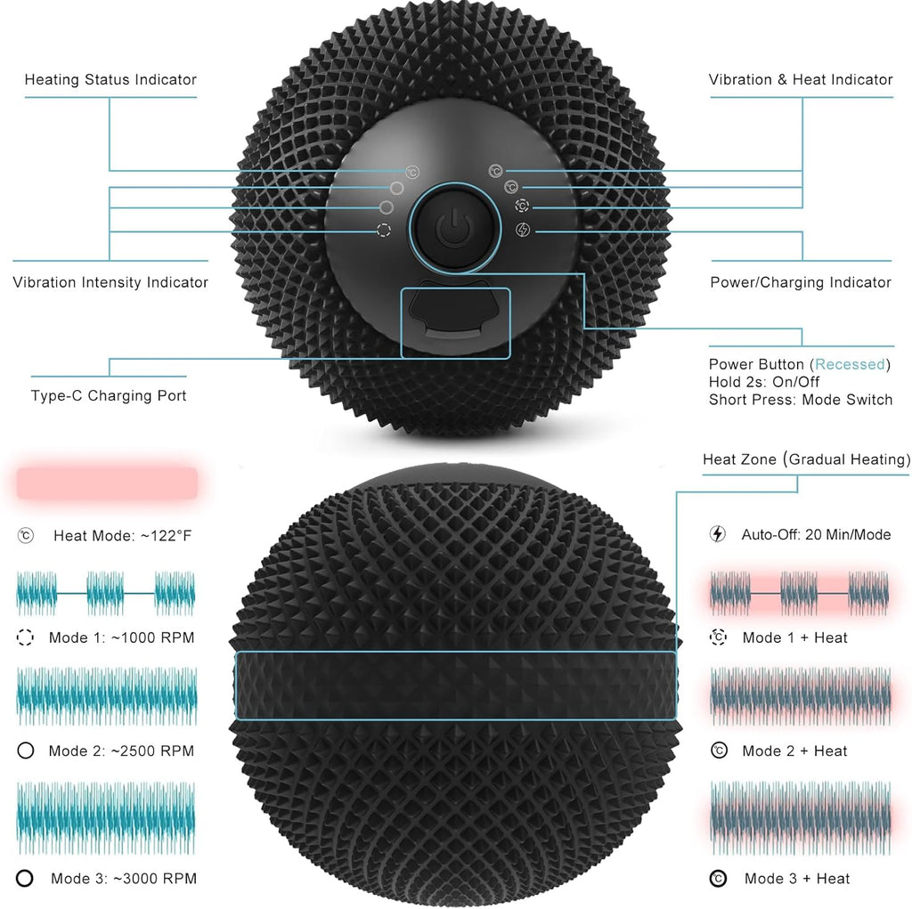 Vibrating Massage Ball with Heat, 7 Modes, Memory, Myofascial Release, Deep Tissue Muscle Recovery Ball for Trigger