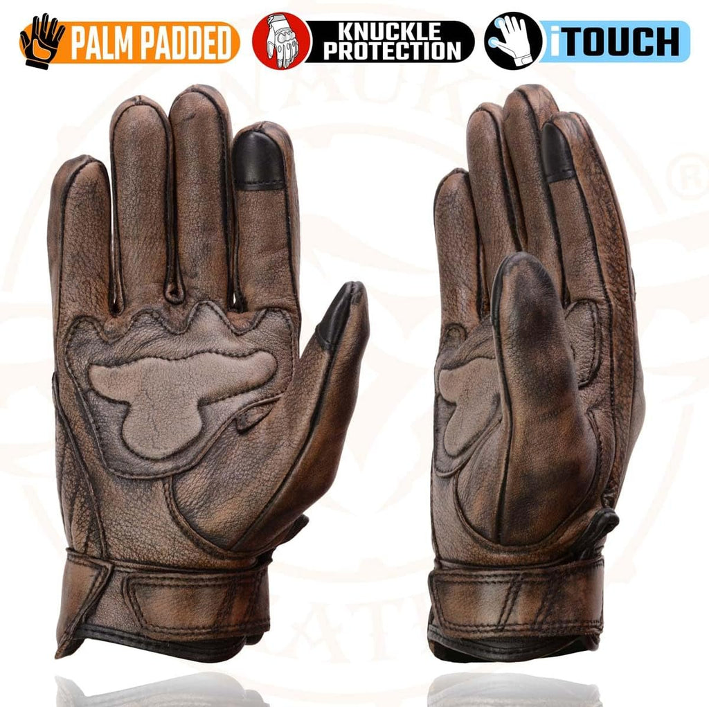 MG7514 Men's Brown Leather with Gel Palm Motorcycle Gloves W/Protective Knuckle
