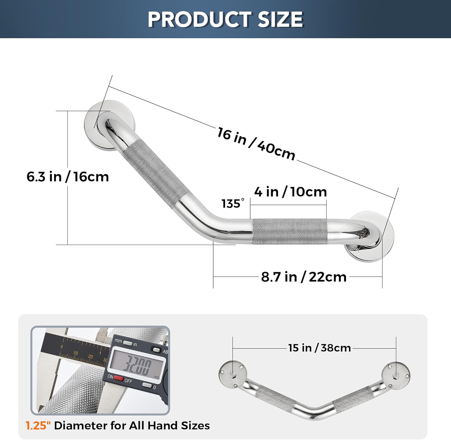 Grab Bars for Bathtubs and Showers- 1-1/4 x 16 Angled Shower Grab Bar for Seniors Knurled Stainless Steel Handicap