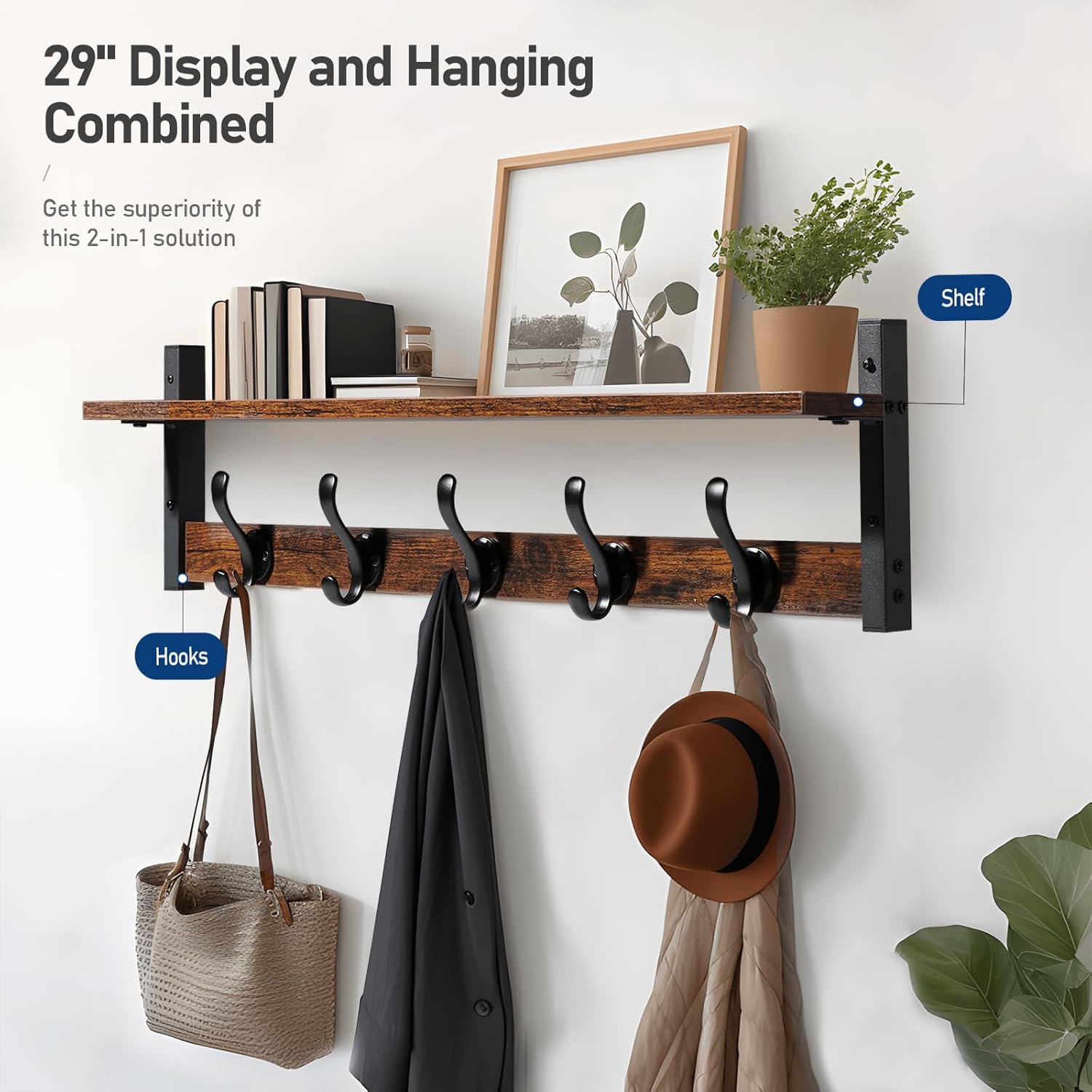 29" Rustic Coat Rack Wall Mount with Shelf, Entryway Wall Hooks with Shelf, Coat Hangers for Bathroom, Living Room