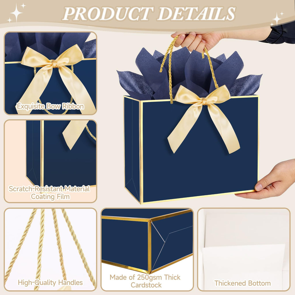 6 Pack Navy Blue Large Gift Bags with Handles & 18 Tissue Papers