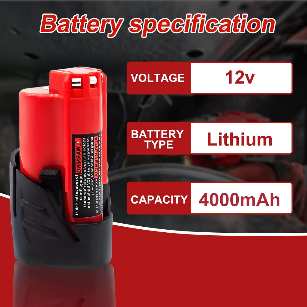 4.0Ah Battery Replacement Compatible with Milwaukee M12 12V Tools 2Pack