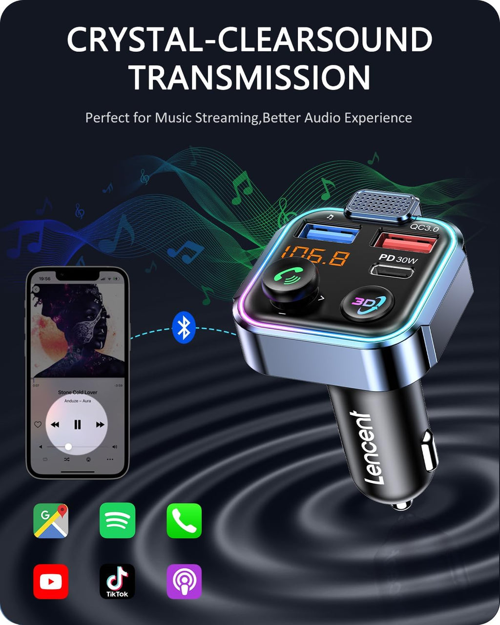 Bluetooth 5.3 FM Transmitter, Wireless Radio Adapter Car Kit | Type-C PD 30W+ QC3.0 Fast USB Charger, Hands-Free