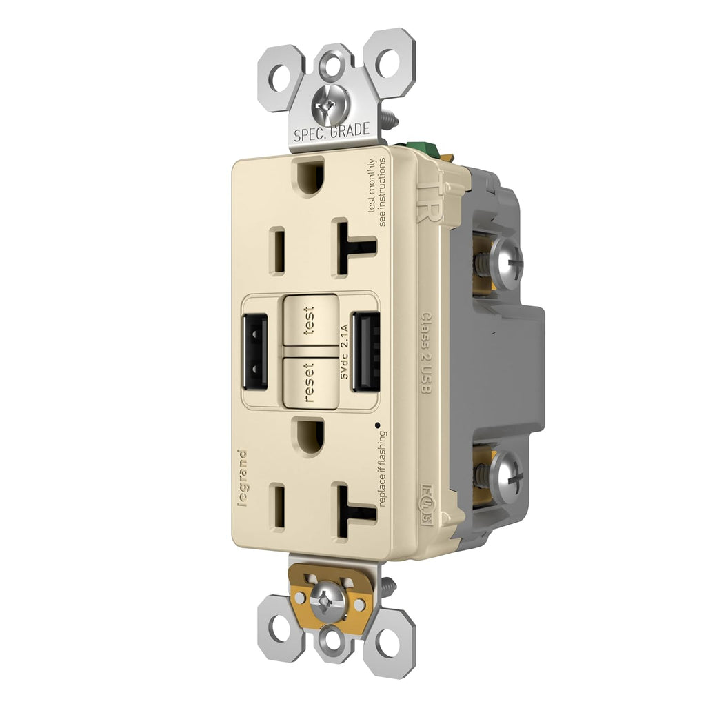 Legrand Radiant 20 Amp TR GFCI Outlet USB Type A Light Almond 1 Pack