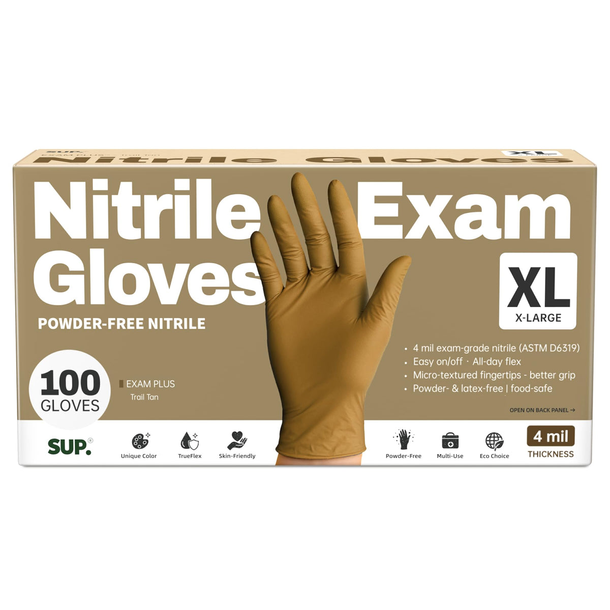 SUP Exam Plus Nitrile Gloves, Powder-Free Disposable, Trail Tan 100Ct (XL)