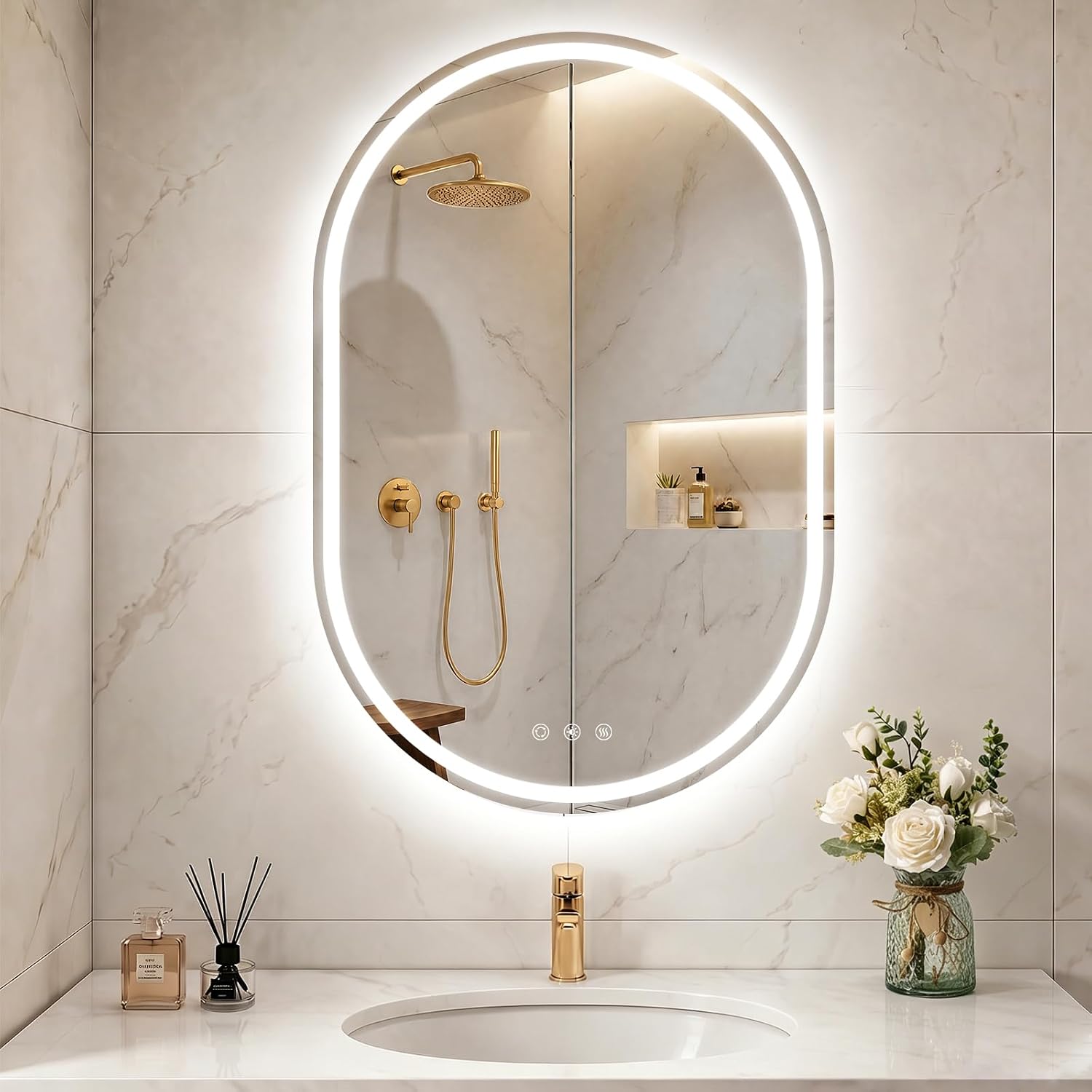 24x36'' Oval LED Lighted Bathroom Mirror with Lights | Frameless, Fogless, Dimmable, Shatterproof, Touch Sensor, 3