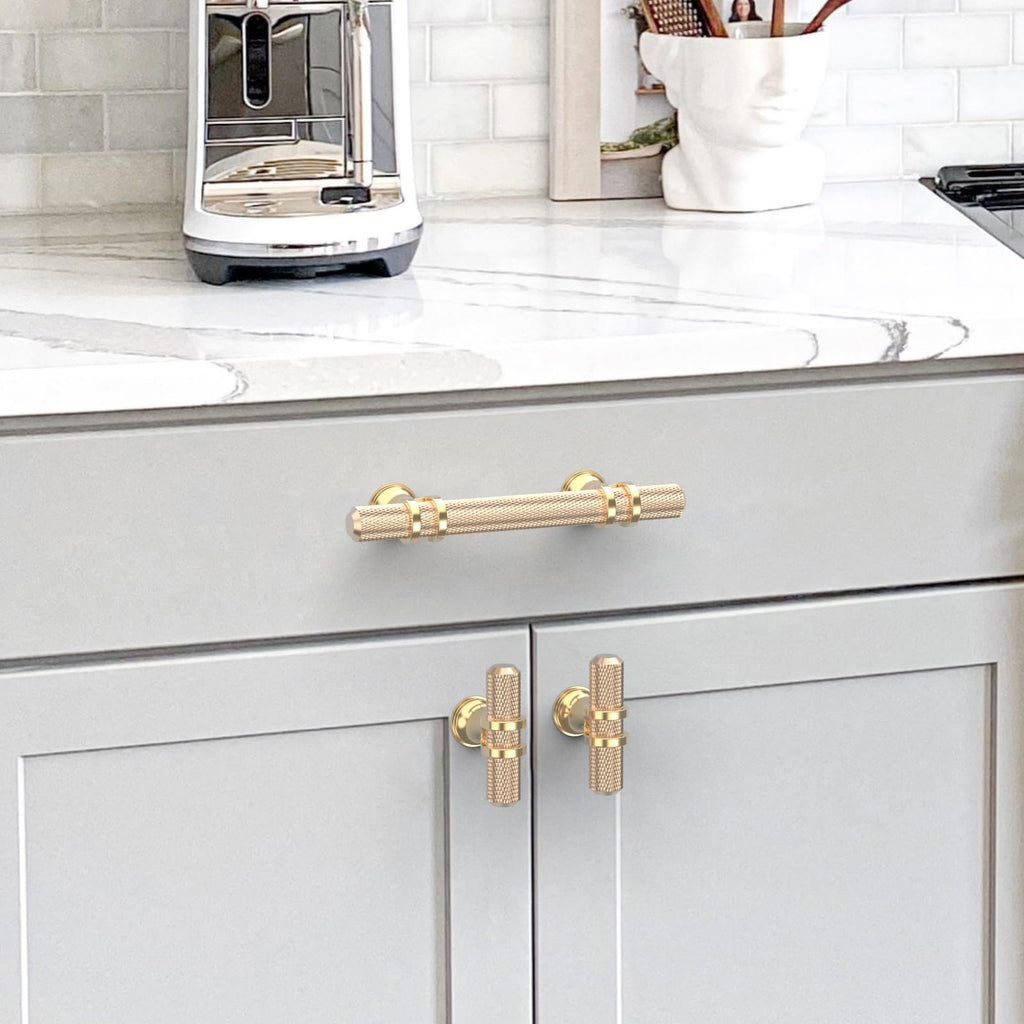 10 Pack 3"(76mm) Gold Cabinet Pulls Knurled Kitchen Cabinet Handles Drawer Pulls Brushed Brass Cupboard Hardware for