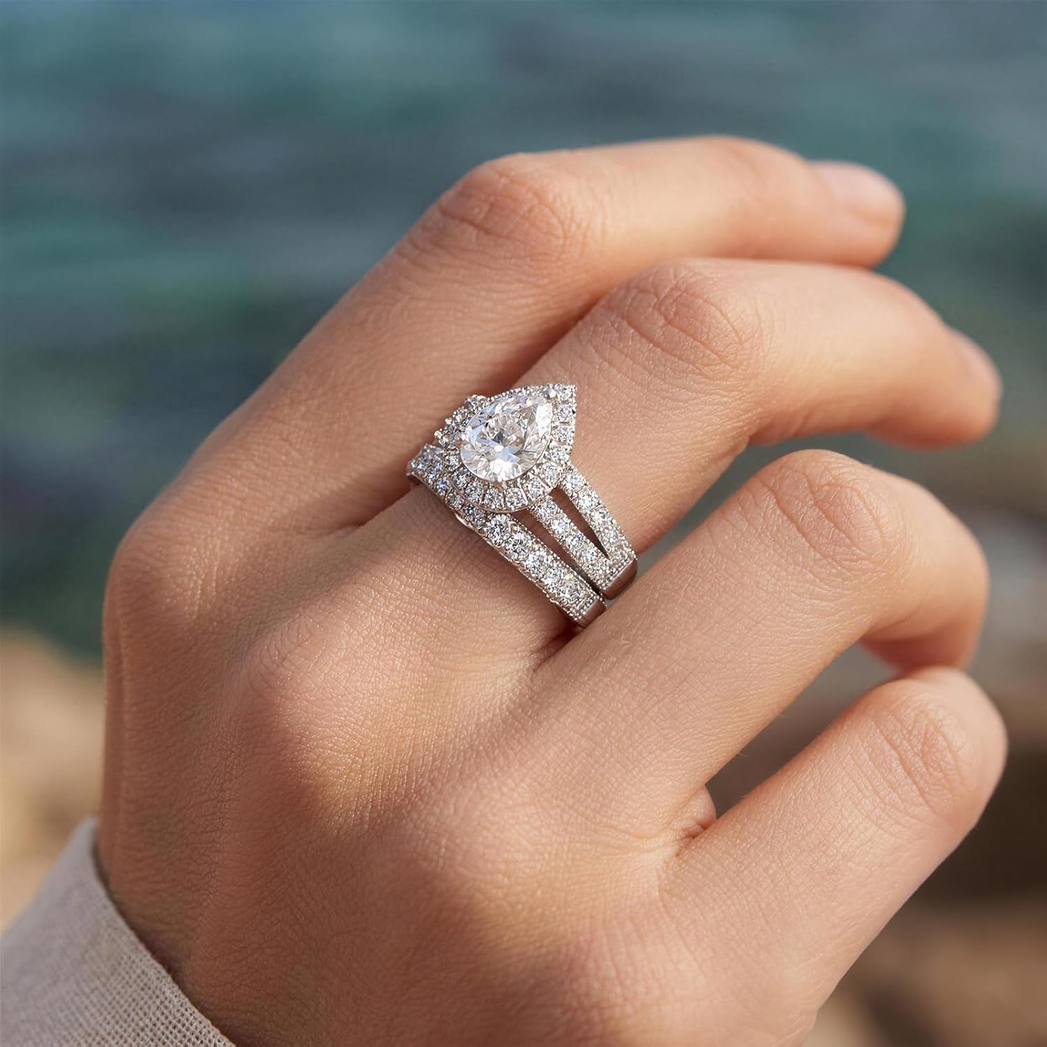 Pear Shaped Engagement Ring Vintage Wedding Ring Sets for Women Sterling Silver Cubic Zirconia D Color VVS1