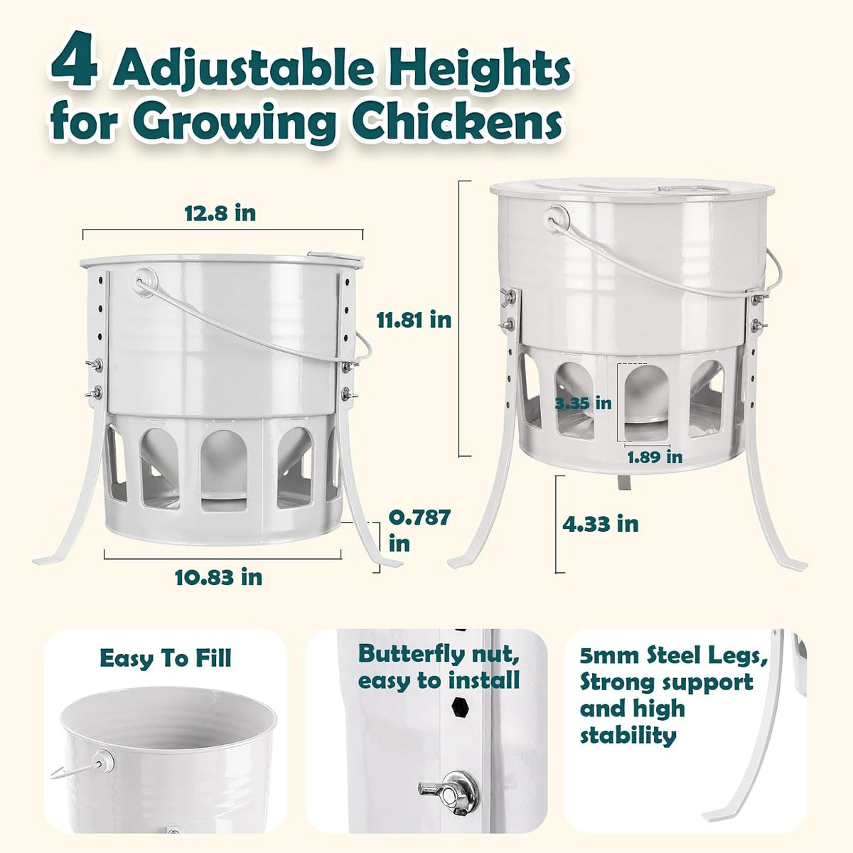 Metal Chicken Feeder No Waste - 20LB Large Chicken Feeder with 12 Ports & 4 Adjustable Heights Tripod Stand