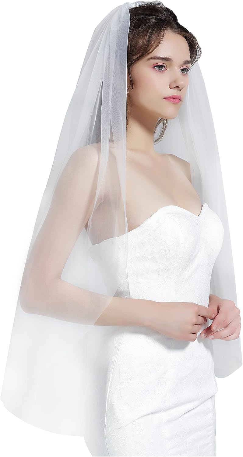 Wedding Bridal Veil with Comb 1 Tier Cut Edge Fingertip&Cathedral Length