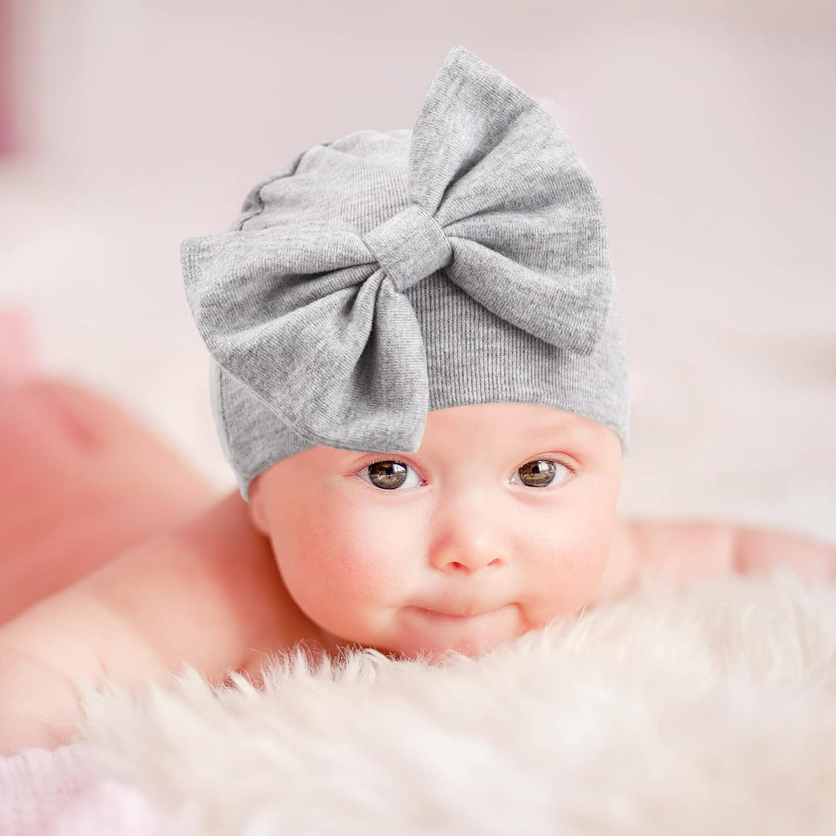 BQUBO Newborn Baby Hats Mittens Set Cotton Hospital Hat Preemie Infant Bow Hats No Scratch Mittens for Baby Girls 0-6