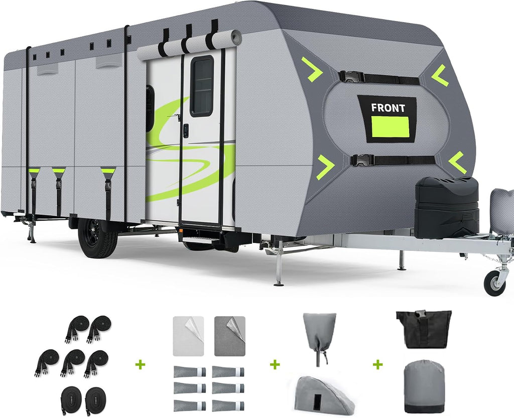 Heavy Duty 8 Layers RV Cover, Rip-Stop Camper Cover with Windproof Straps, Gutter & Tongue Jack Covers, Utility
