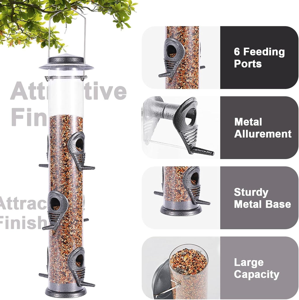 2PK Metal Bird Feeders with 6 Feeding Ports,Tube Bird Feeder with Steel Hanger,Hard Plastic Wild Bird Feeder for