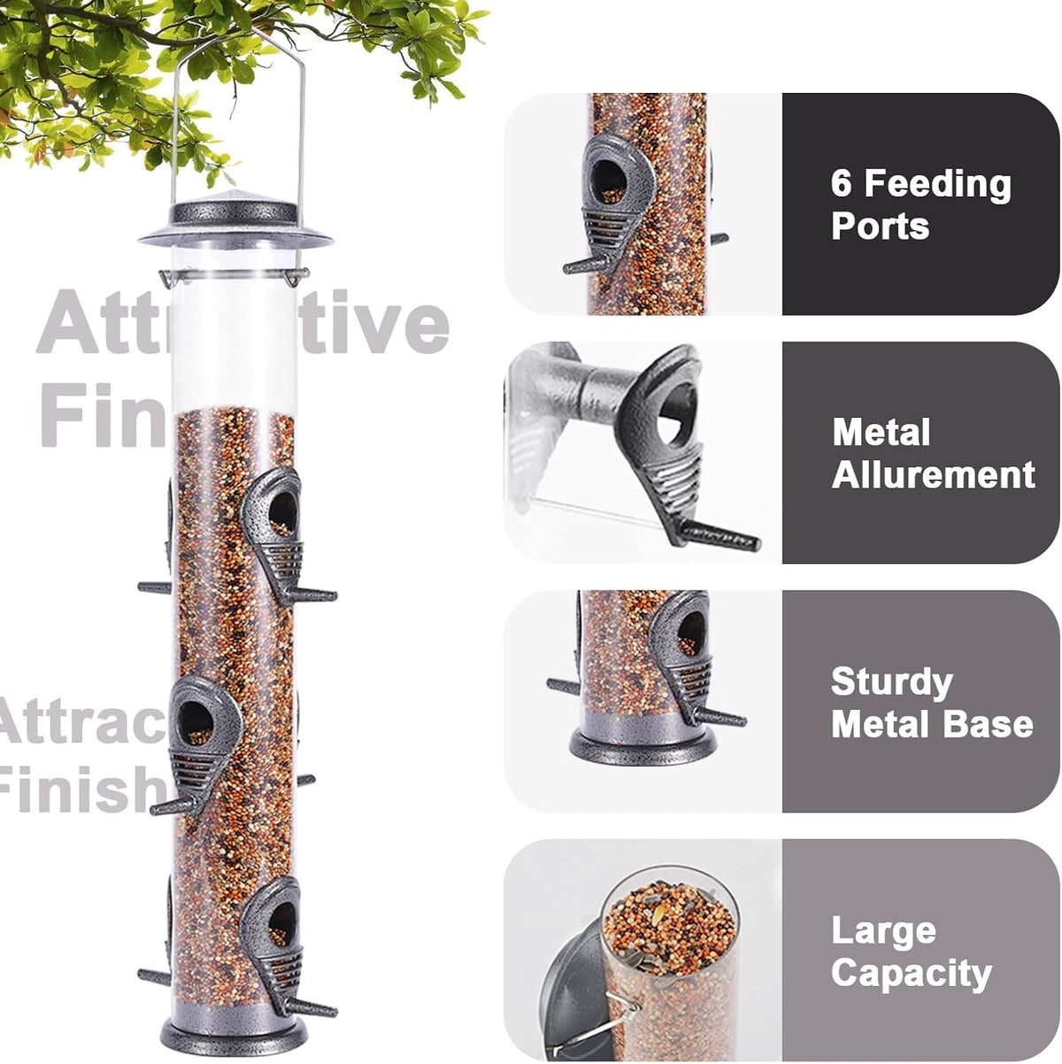 2PK Metal Bird Feeders with 6 Feeding Ports,Tube Bird Feeder with Steel Hanger,Hard Plastic Wild Bird Feeder for