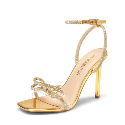 Women's Ankle Strap High Heel Sandals,Gold-Rhinestone,6.5