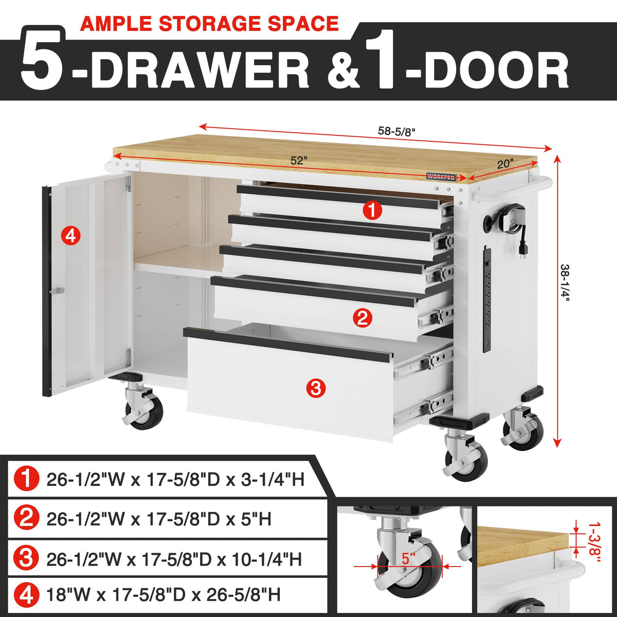 52" x 20" Rolling Tool Chest, 5-Drawer & 1-Door