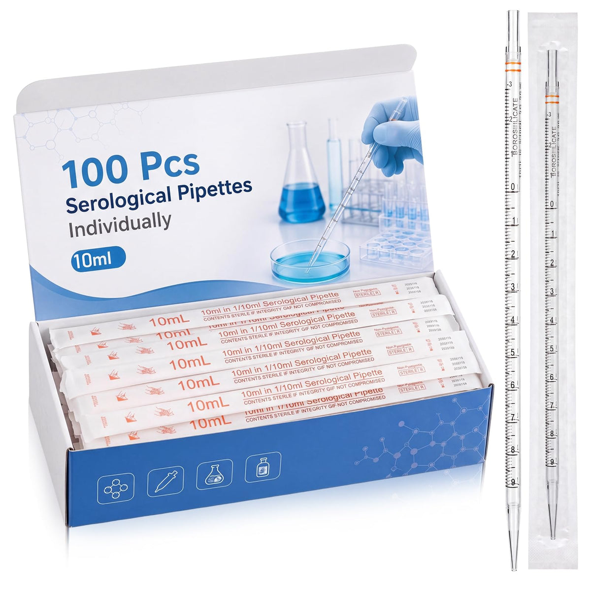 100 Pcs Serological Pipettes Individually Wrapped Bulk, 10 ml
