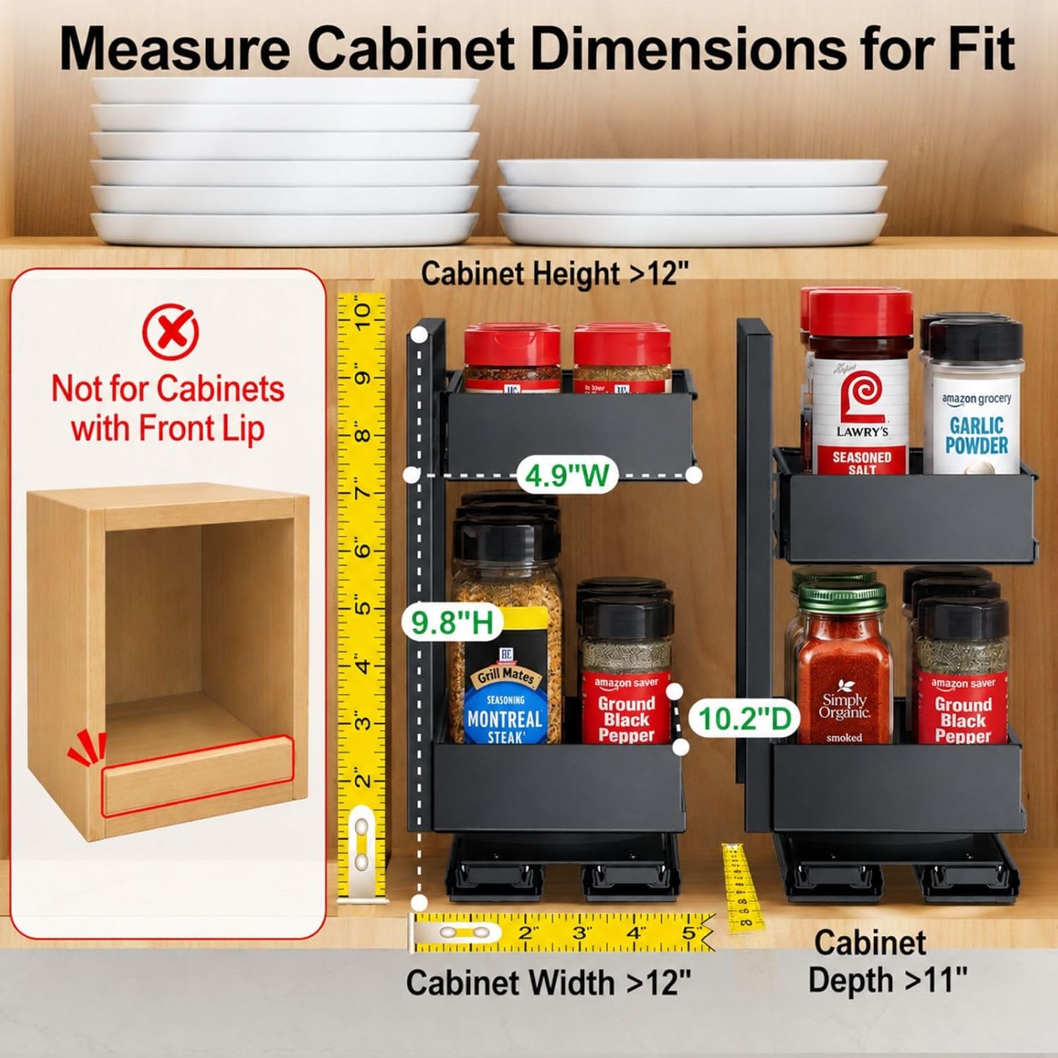 Pull Out Spice Rack - 2 Pack Rotate Peel and Stick No-Drill Vertical Spice Rack Organizer for Cabinet Easy Access
