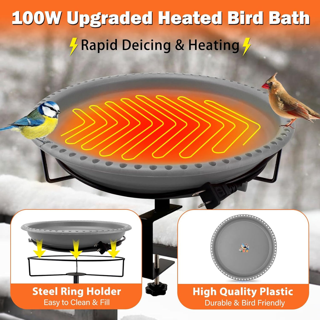 100W Heated Bird Baths for Outdoors, Heated Birdbath for Deck Railing, Grey