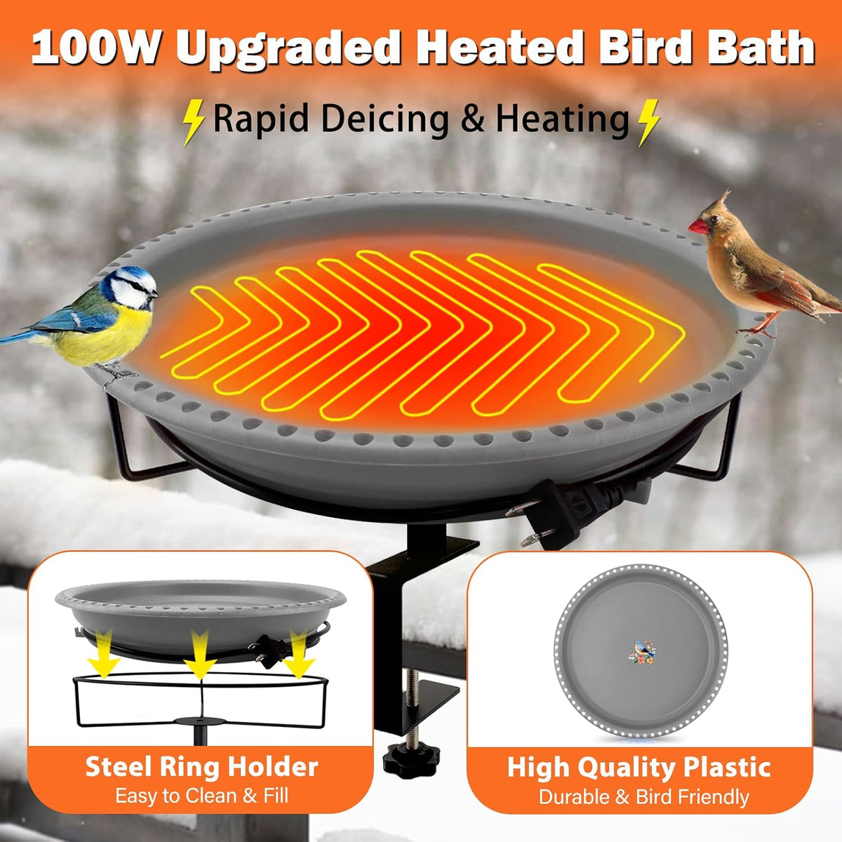 100W Heated Bird Baths for Outdoors, Heated Birdbath for Deck Railing, Grey