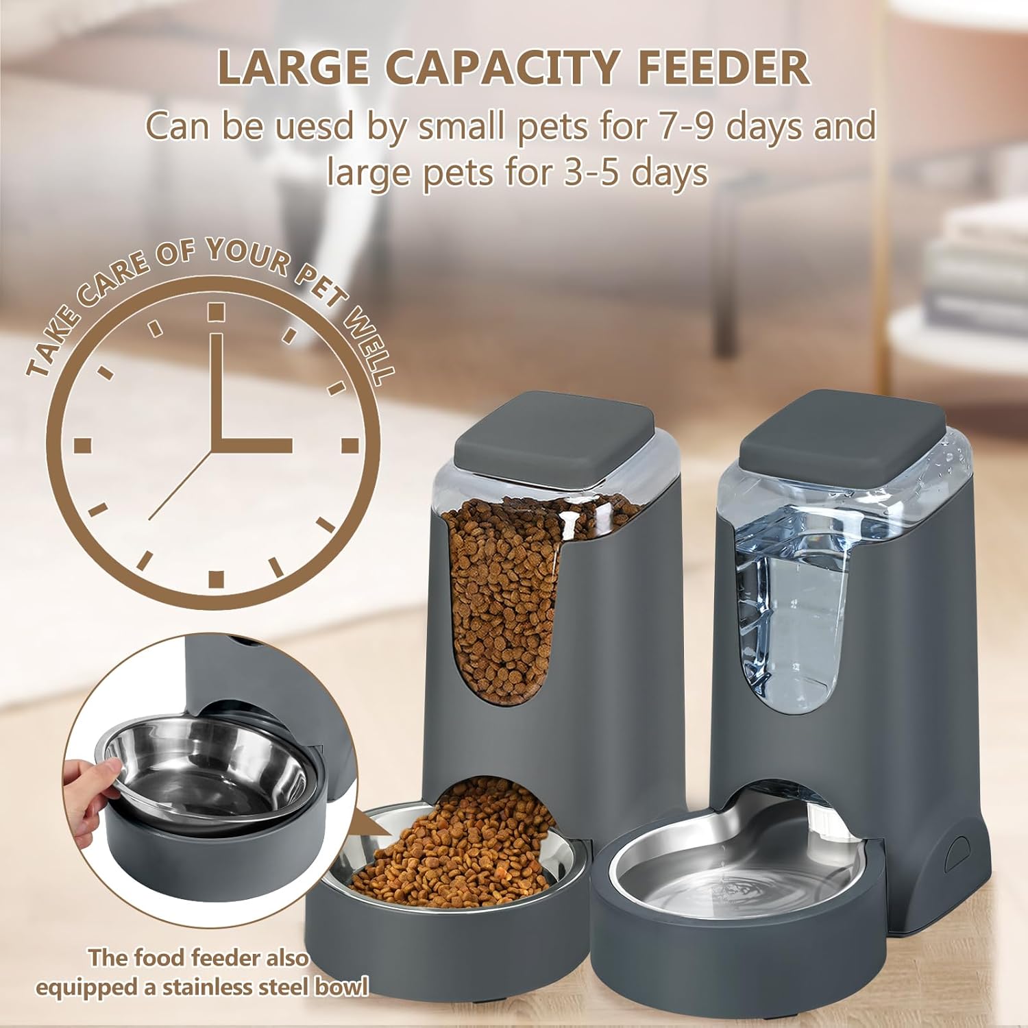 Automatic Cat Feeder and Water Dispenser with Stainless Steel Bowl Dog Gravity Food Feeder and Waterer for Small