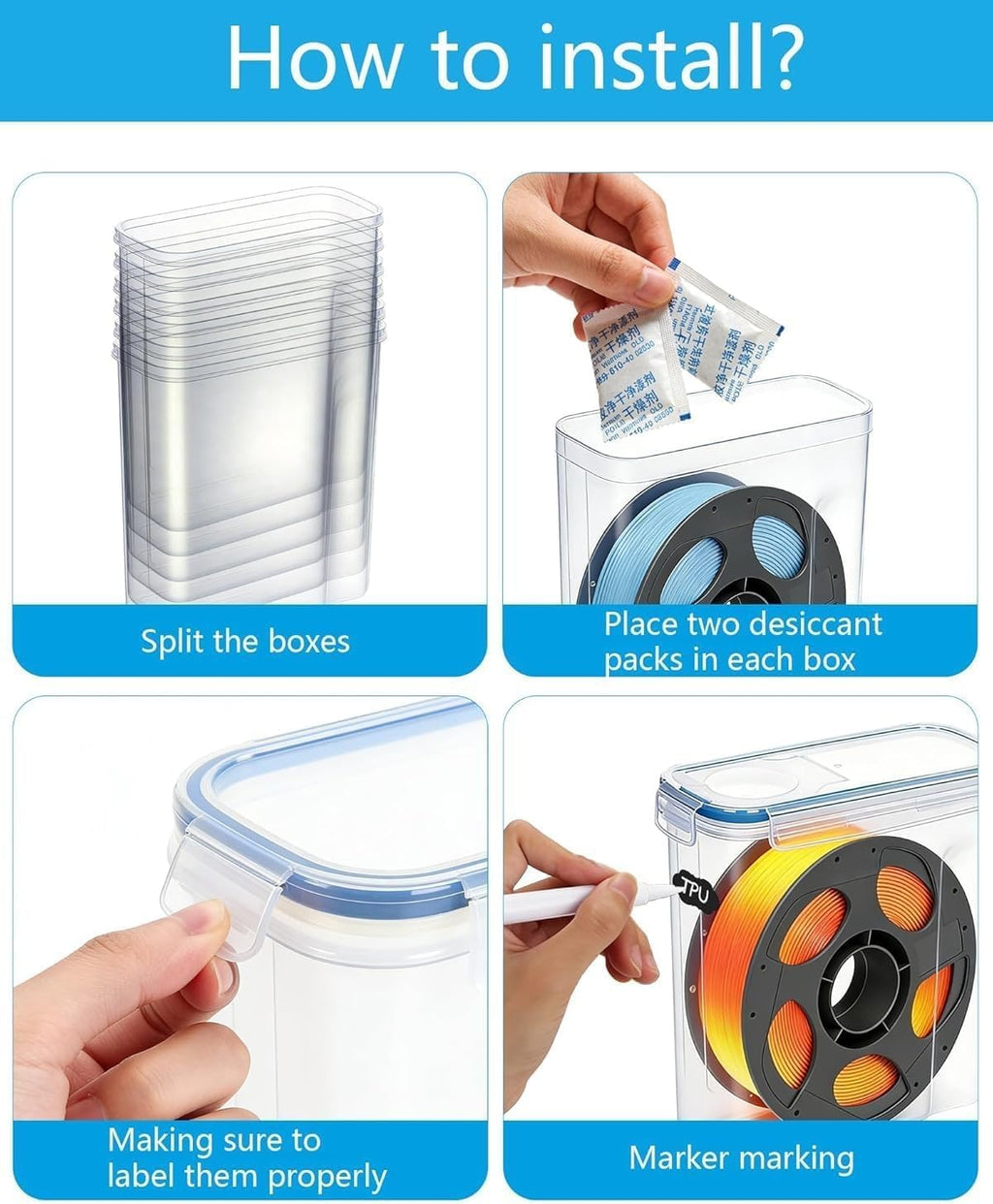 Filament Storage Box 4 Pack with Desiccants, Labels for 3D Printing | Silicone Sealed Storage Container Airtight