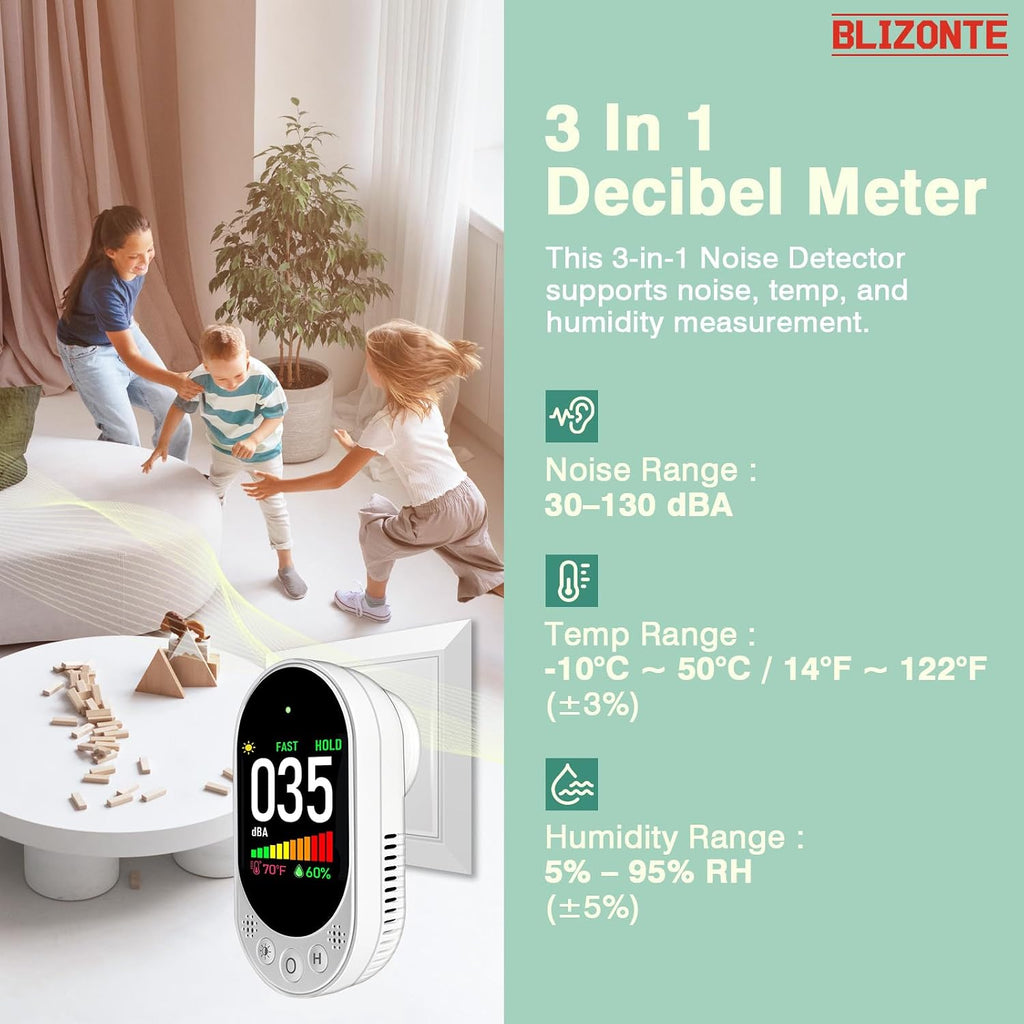 Decibel Meter Plug-in Wall, 3-in-1 Noise Detector(Noise,Temp and Humidity) with Fast/Slow Refresh Rate, MAX/MIN and Data Hold, 30–130 dBA Decibel Range for Rentals, Home, Classroom, Library
