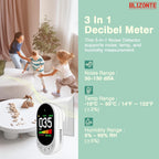 Decibel Meter Plug-in Wall, 3-in-1 Noise Detector(Noise,Temp and Humidity) with Fast/Slow Refresh Rate, MAX/MIN and Data Hold, 30–130 dBA Decibel Range for Rentals, Home, Classroom, Library