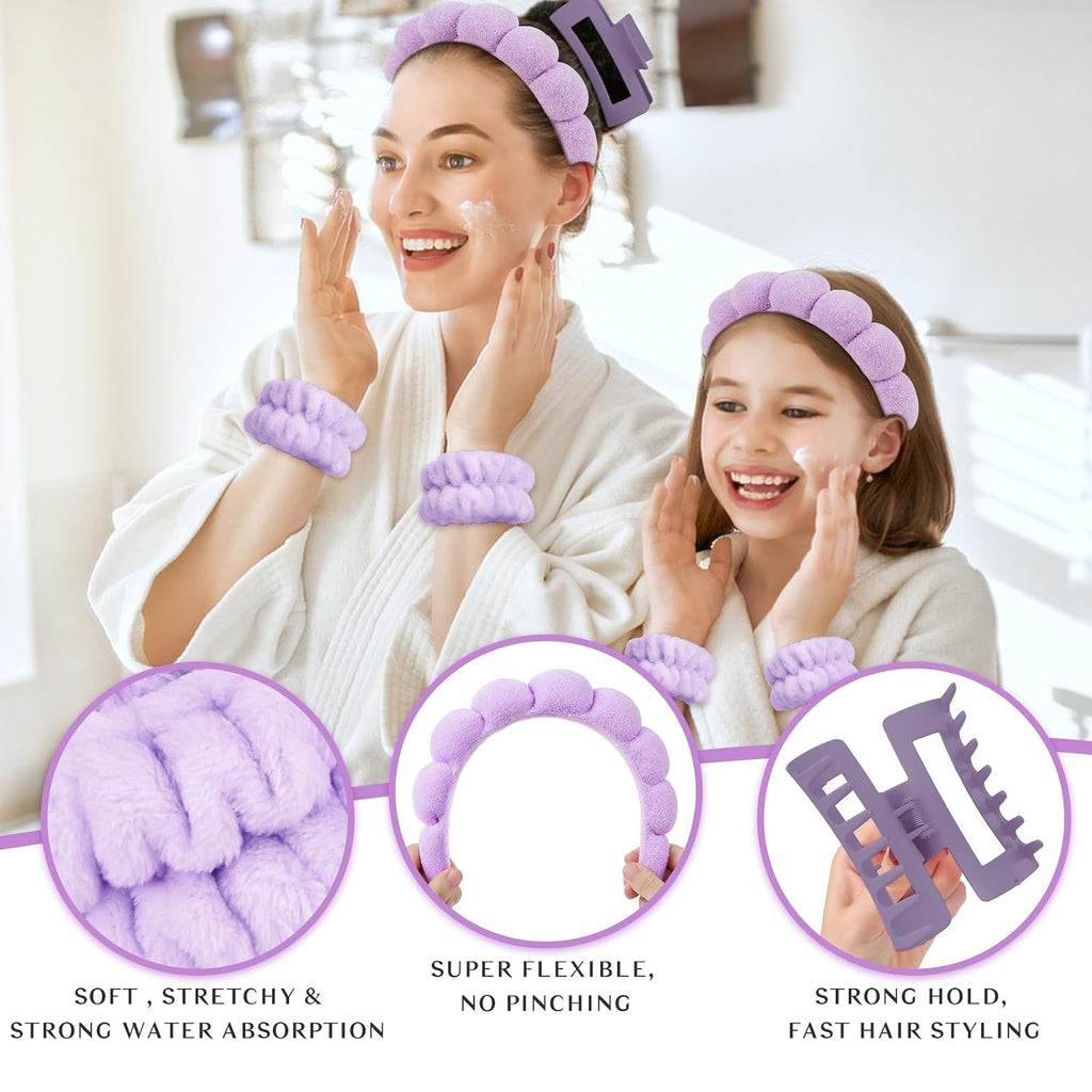 Spa Headband And Wristband Set Skincare Headband For Washing Face Hair Claw Clips For Thick Hair Cute Purple Puffy