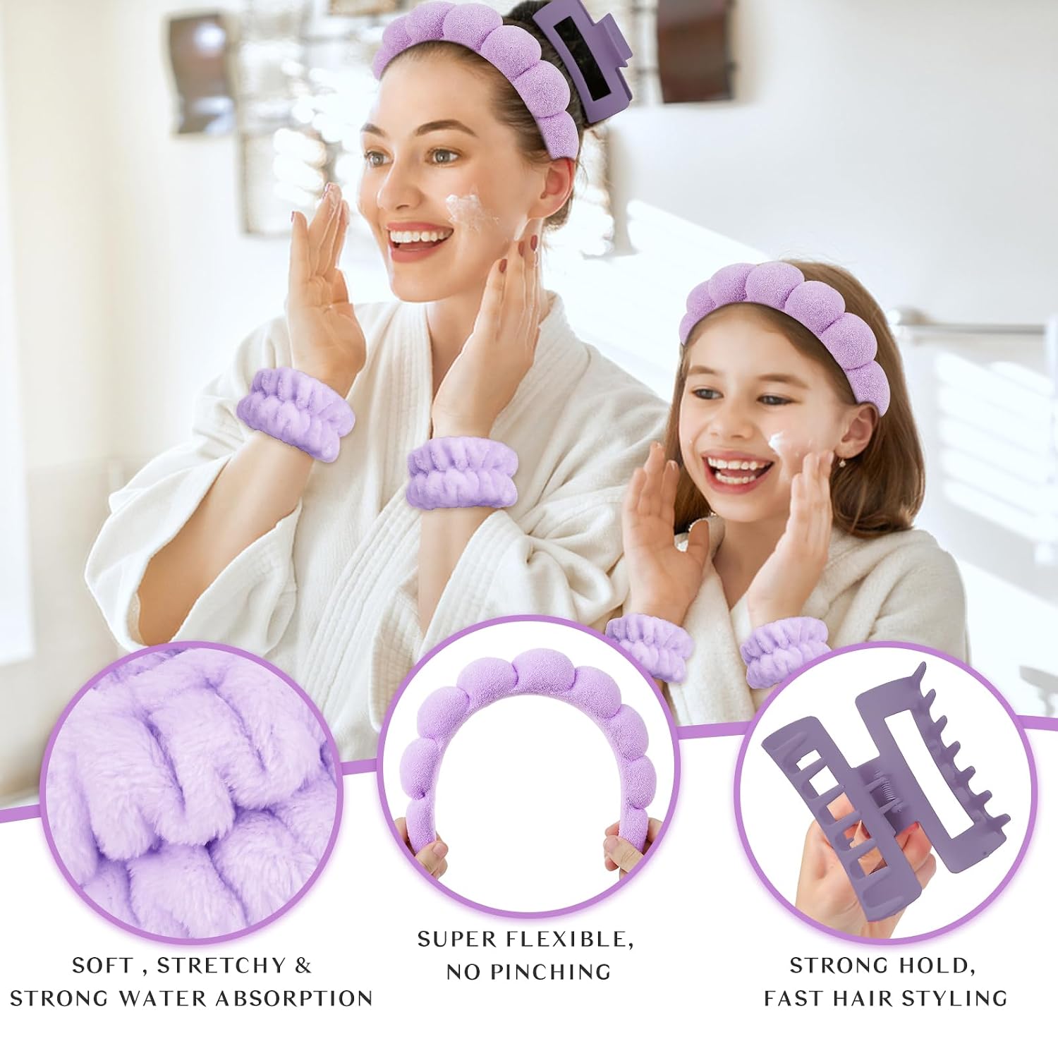 Spa Headband And Wristband Set Skincare Headband For Washing Face Hair Claw Clips For Thick Hair Cute Purple Puffy