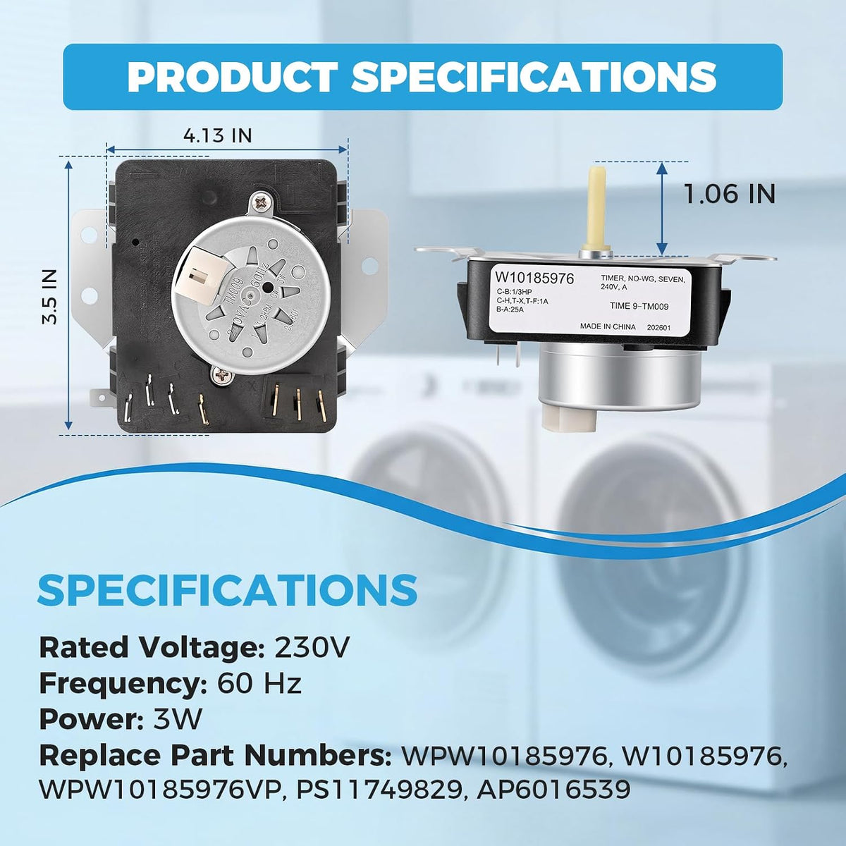 WPW10185976 W10185976 Dryer Timer Replacement, 240V 60Hz, 2-Year Warranty