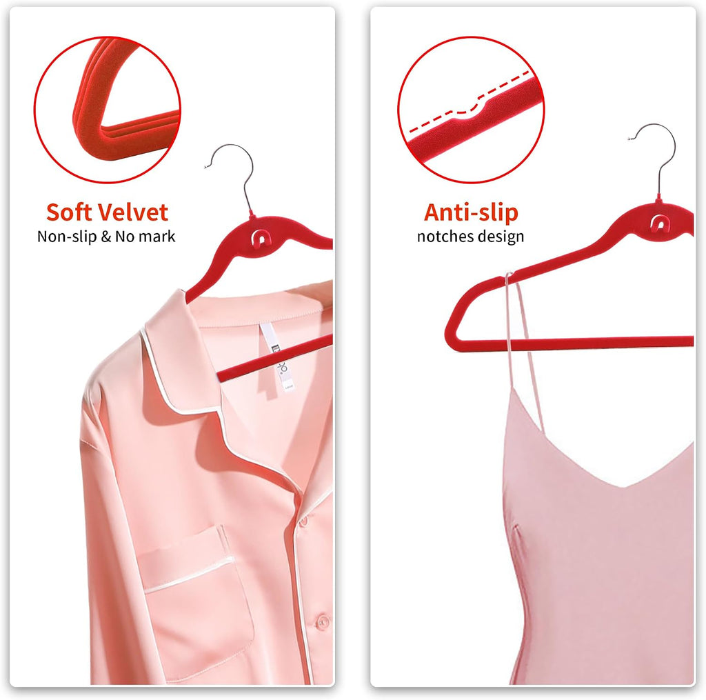 Multi-Color Premium Velvet Hangers with Mini Hooks, Pack of 50, Non Slip, Space Saving Cascading Clothes Hangers