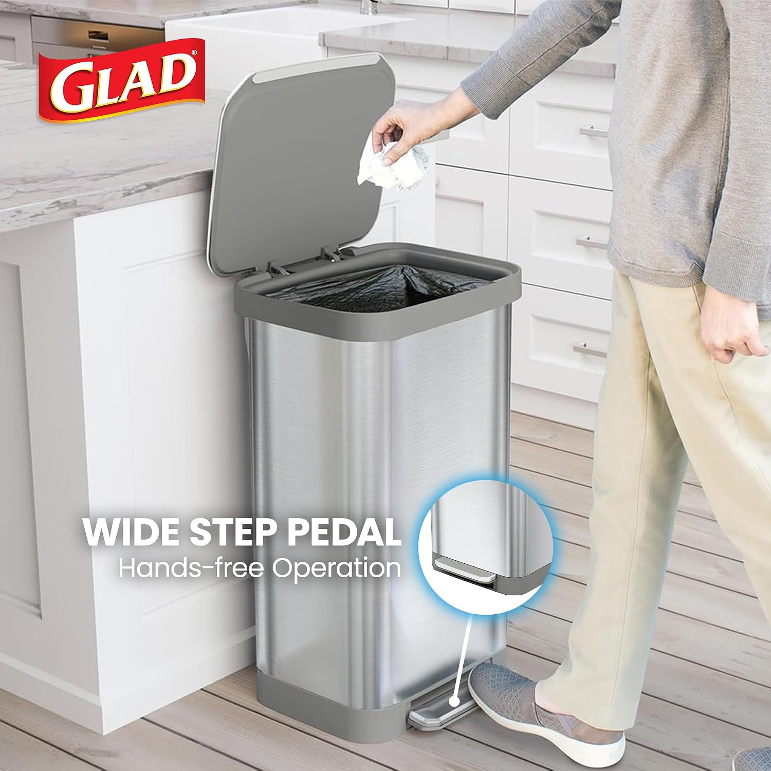20 Gallon All Brushed Stainless Steel Trash Can with Clorox Odor Protection | Large Metal Kitchen Garbage Bin with