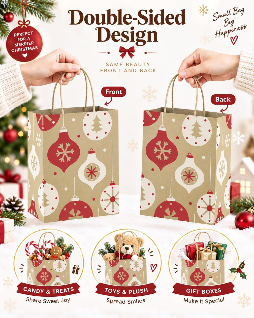 Christmas Gift Bags with Handles, 36 Pack, 8x4.25x10.5 in Kraft