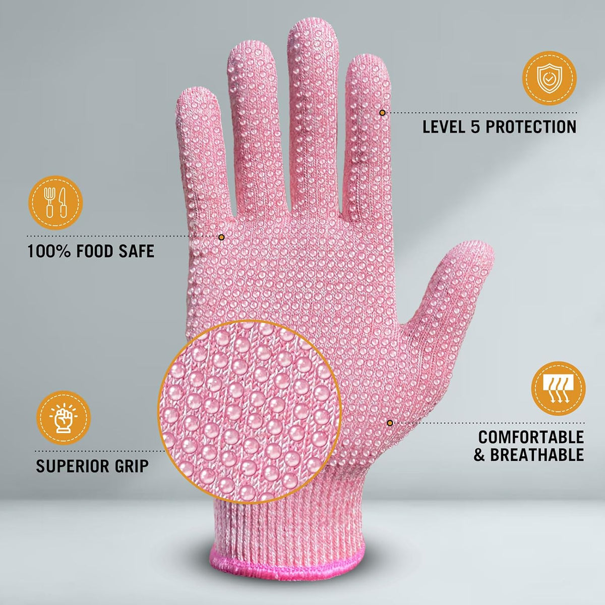 Level 5 Cut Resistant Gloves with Non-Slip Grip, 2 Pairs