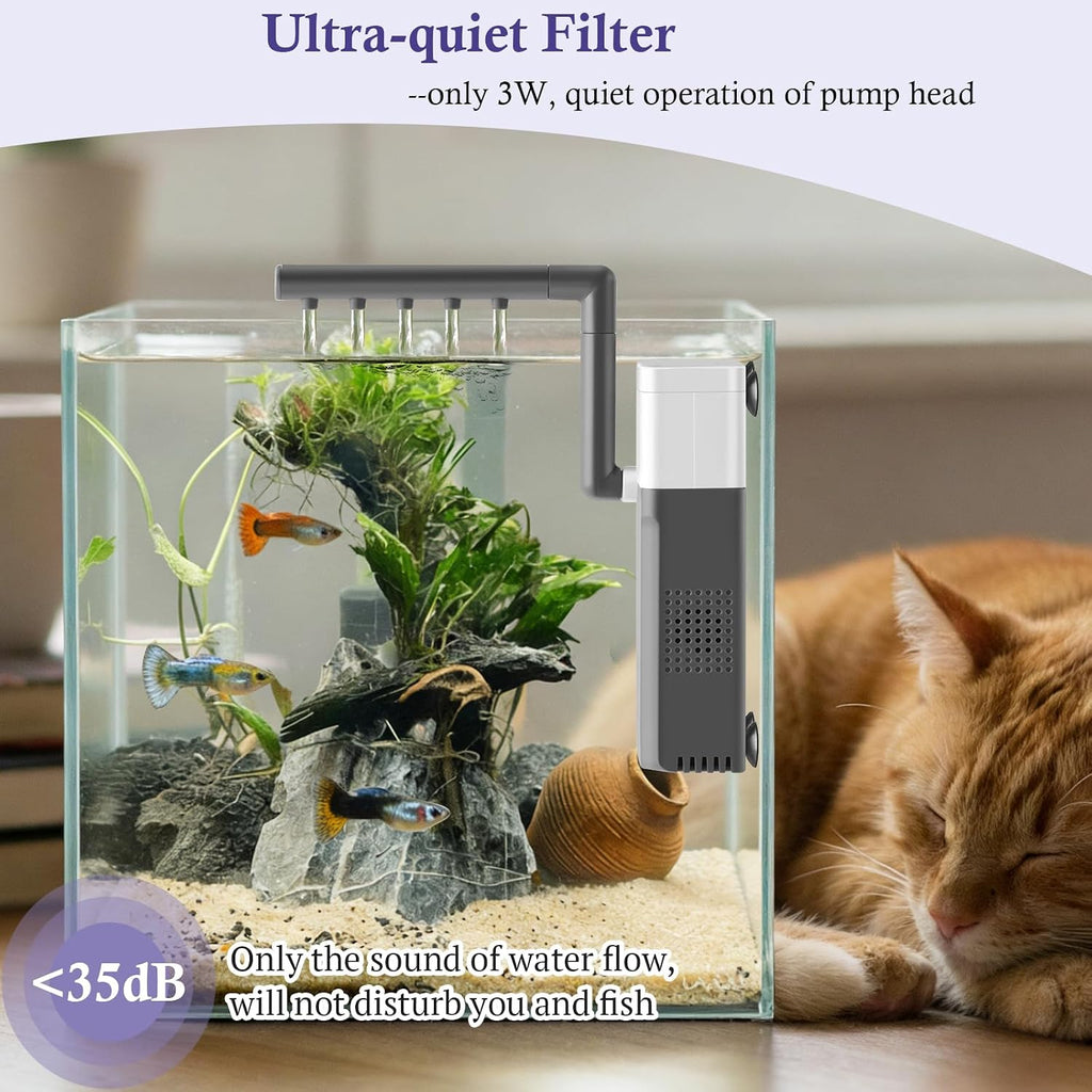 3W Mini Fish Tank Filter, 48GPH Quiet Aquarium Internal Filter 3-in-1 Submersible Fish Tank Filter Pump for 1-6Gal