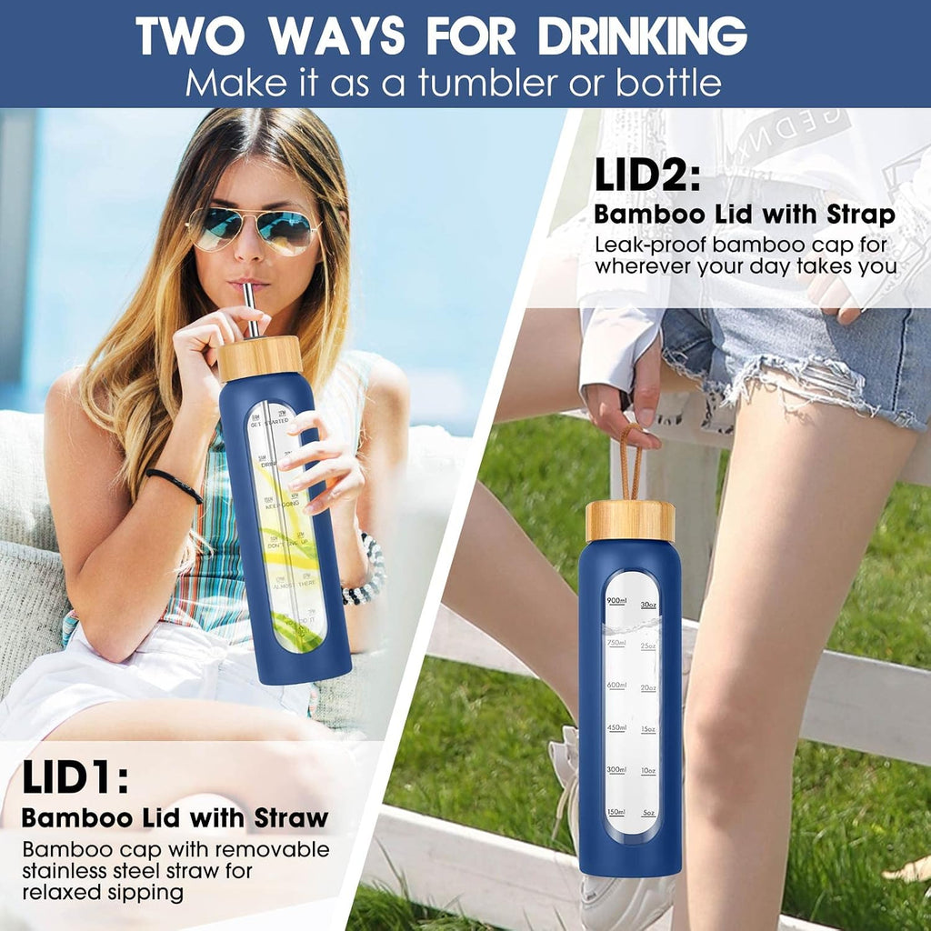 32 oz Glass Water Bottle with Straw - Motivational Time Marker & Silicone Sleeve - Reusable Tumbler Includes 2 Bamboo