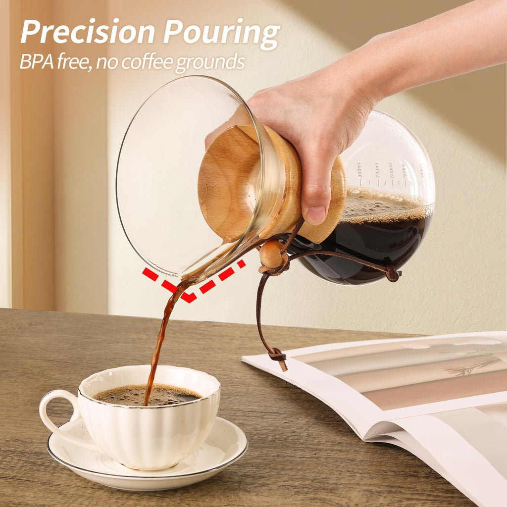 Pour Over Coffee Maker 27 OZ, 8 Cup Borosilicate Glass Drip Coffee Maker with Reusable Stainless Steel Filter and