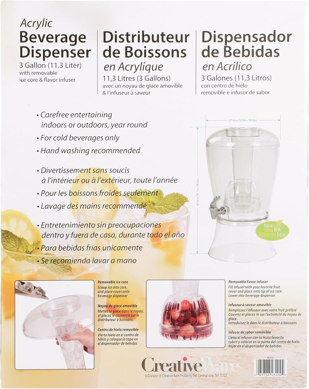 3 Gallon Beverage Dispenser With Ice Cylinder And Fruit Infuser