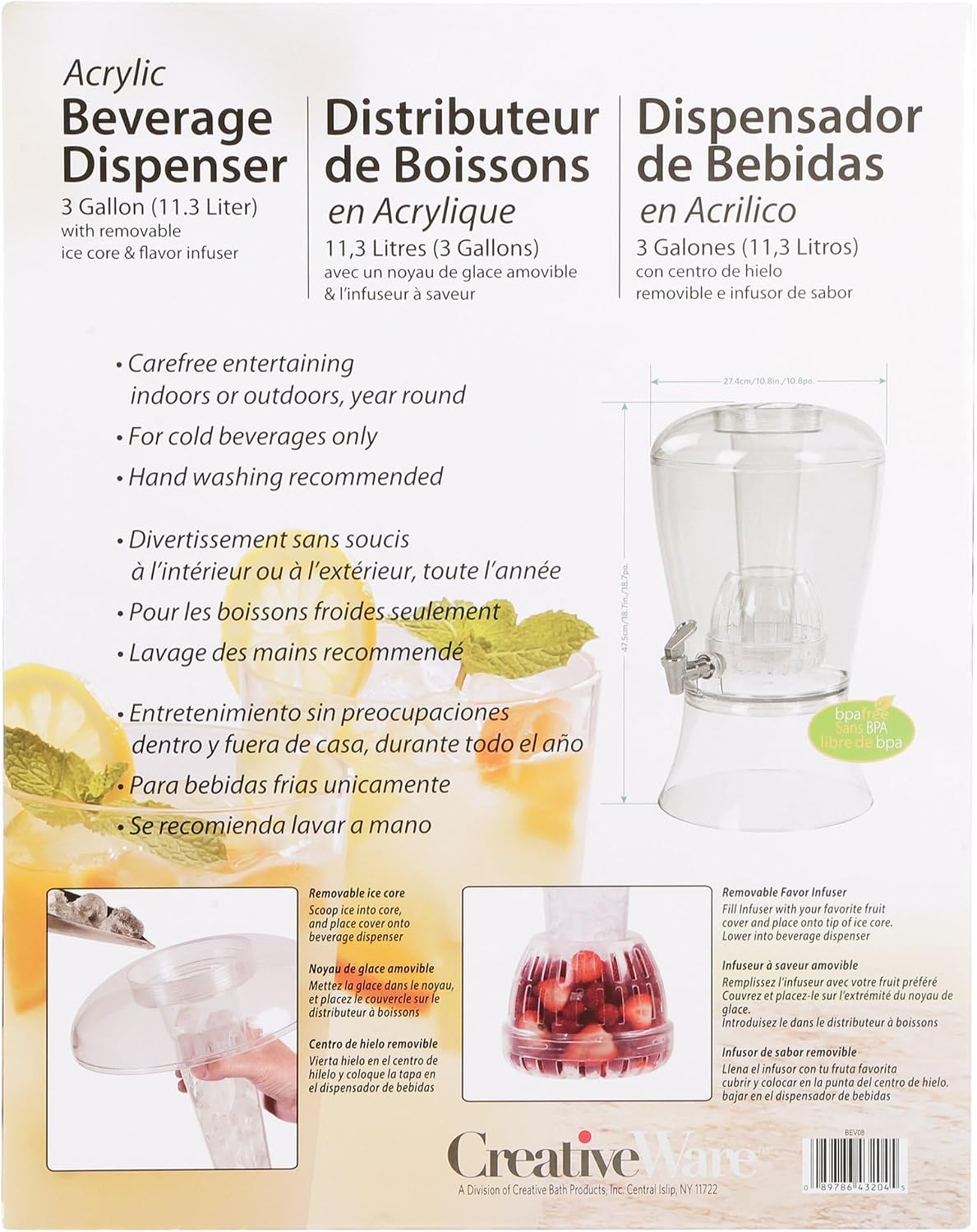 3 Gallon Beverage Dispenser With Ice Cylinder And Fruit Infuser