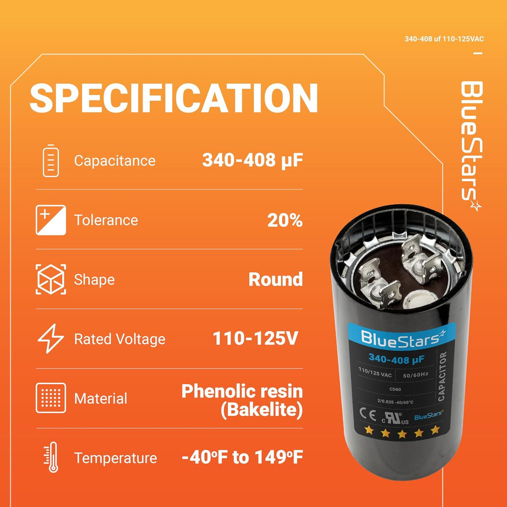 [2025 Upgraded] BlueStars 340-408 uF MFD 110-125VAC Motor Start Capacitor
